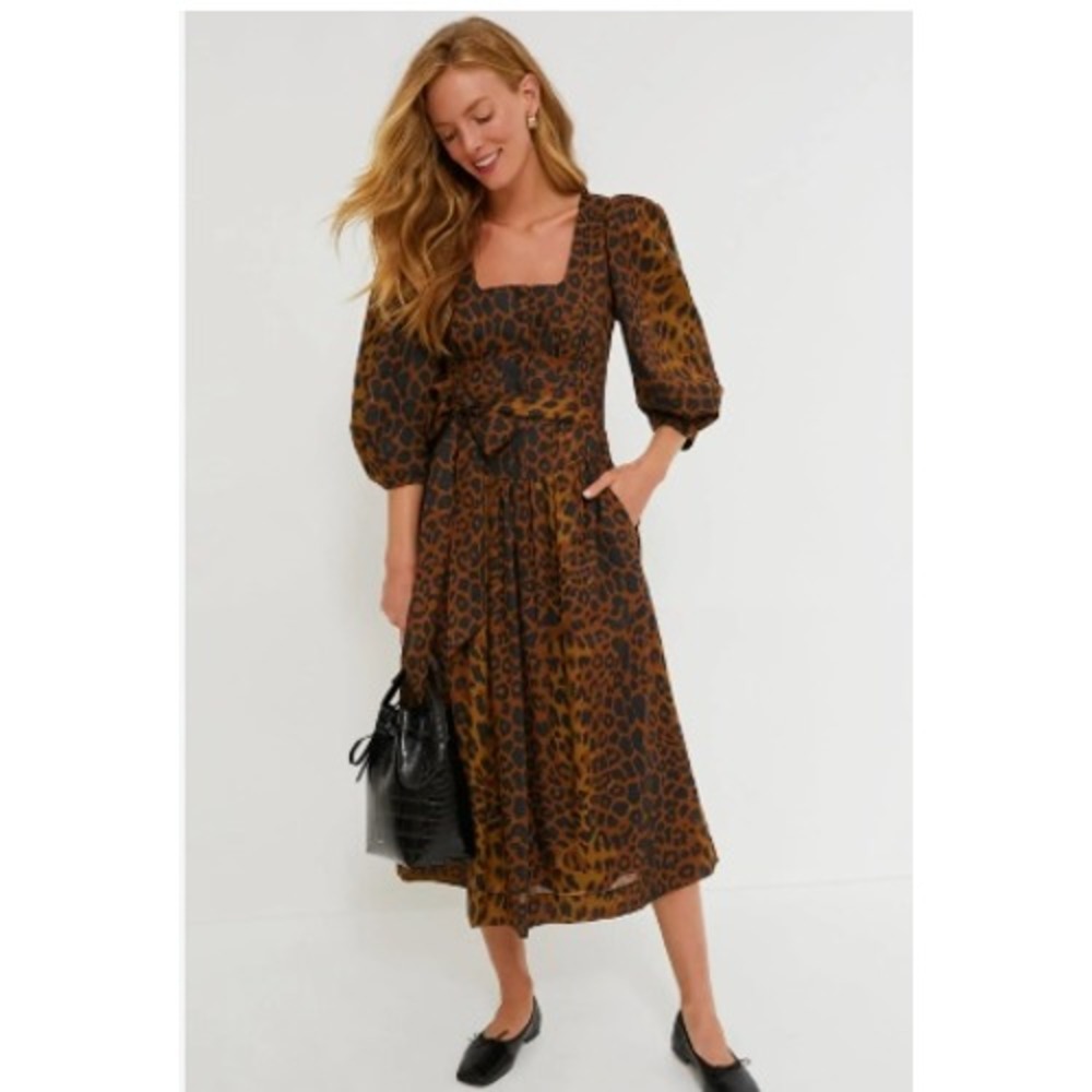 Tuckernuck Leopard Graciela Dress NWT Brown Animal Print Square Neck Midi Size 0